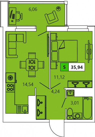Однокомнатная квартира 35.94 м²