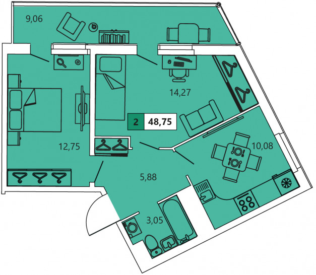 Двухкомнатная квартира 48.75 м²