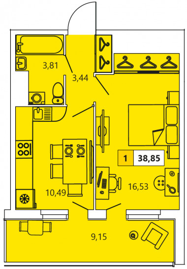 Однокомнатная квартира 38.85 м²