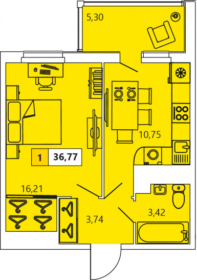 Однокомнатная квартира 36.77 м²