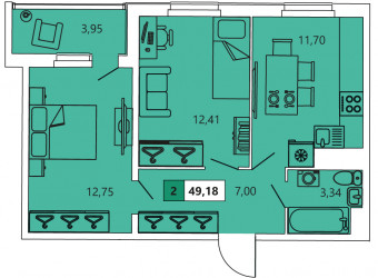 Двухкомнатная квартира 49.18 м²