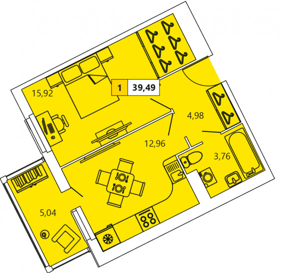 Однокомнатная квартира 39.49 м²